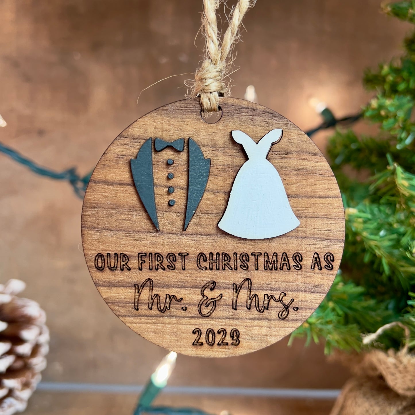 First Christmas as Mr. & Mrs. Walnut Wedding Ornament