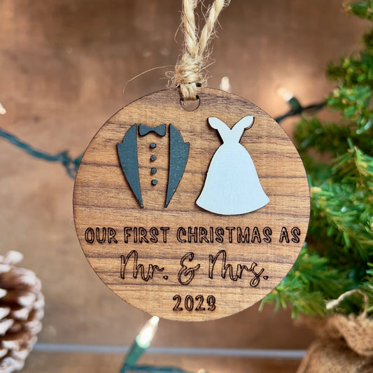 First Christmas as Mr. & Mrs. Walnut Wedding Ornament