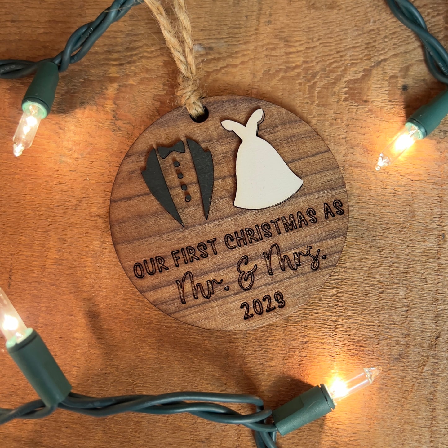 First Christmas as Mr. & Mrs. Walnut Wedding Ornament