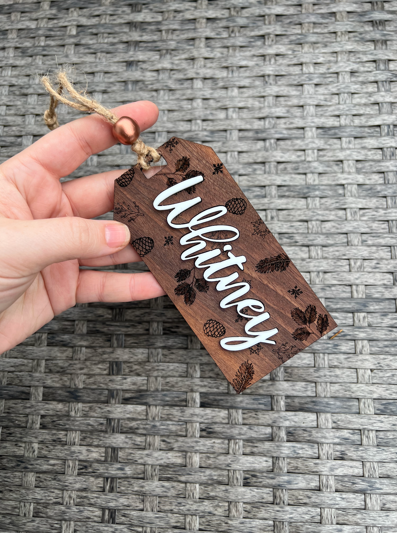 Rustic Walnut Personalized Stocking Tag Christmas Ornaments