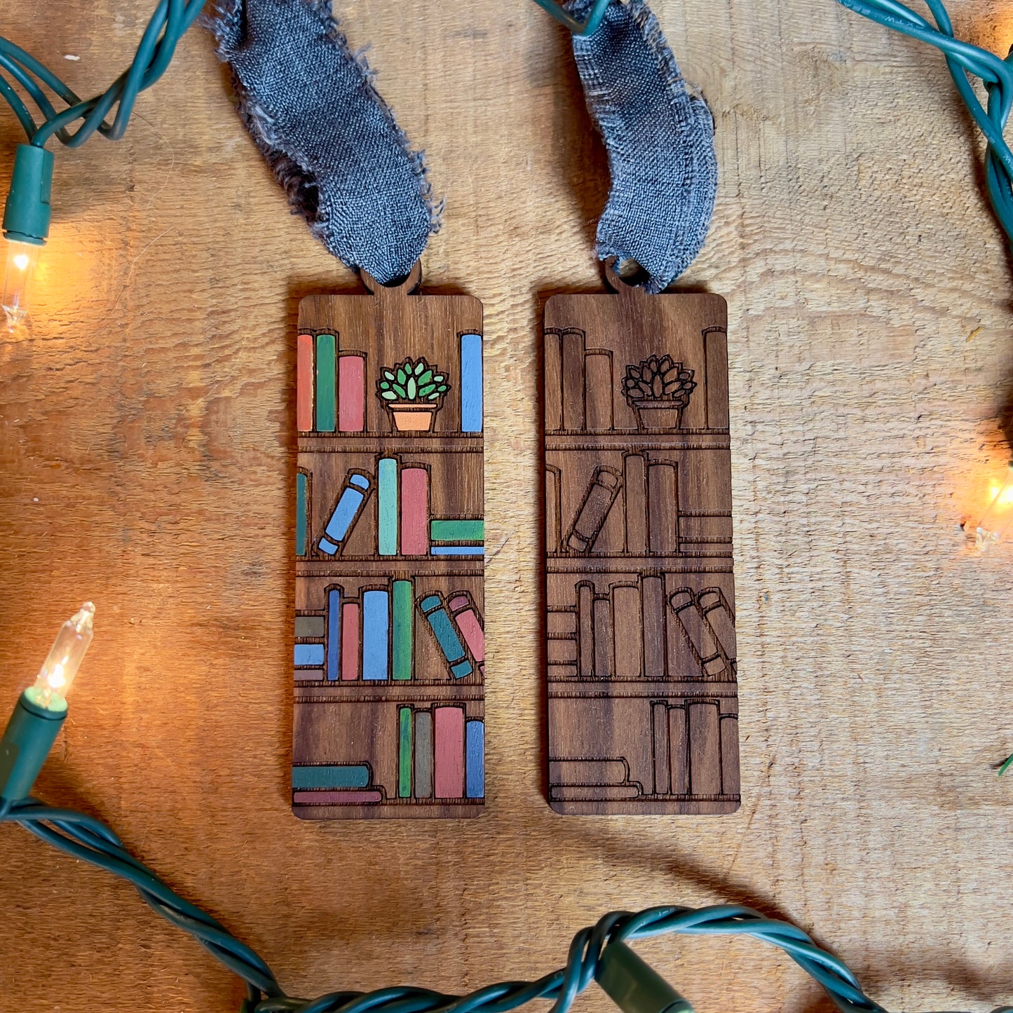 Walnut Engraved Bookshelf Christmas Ornament