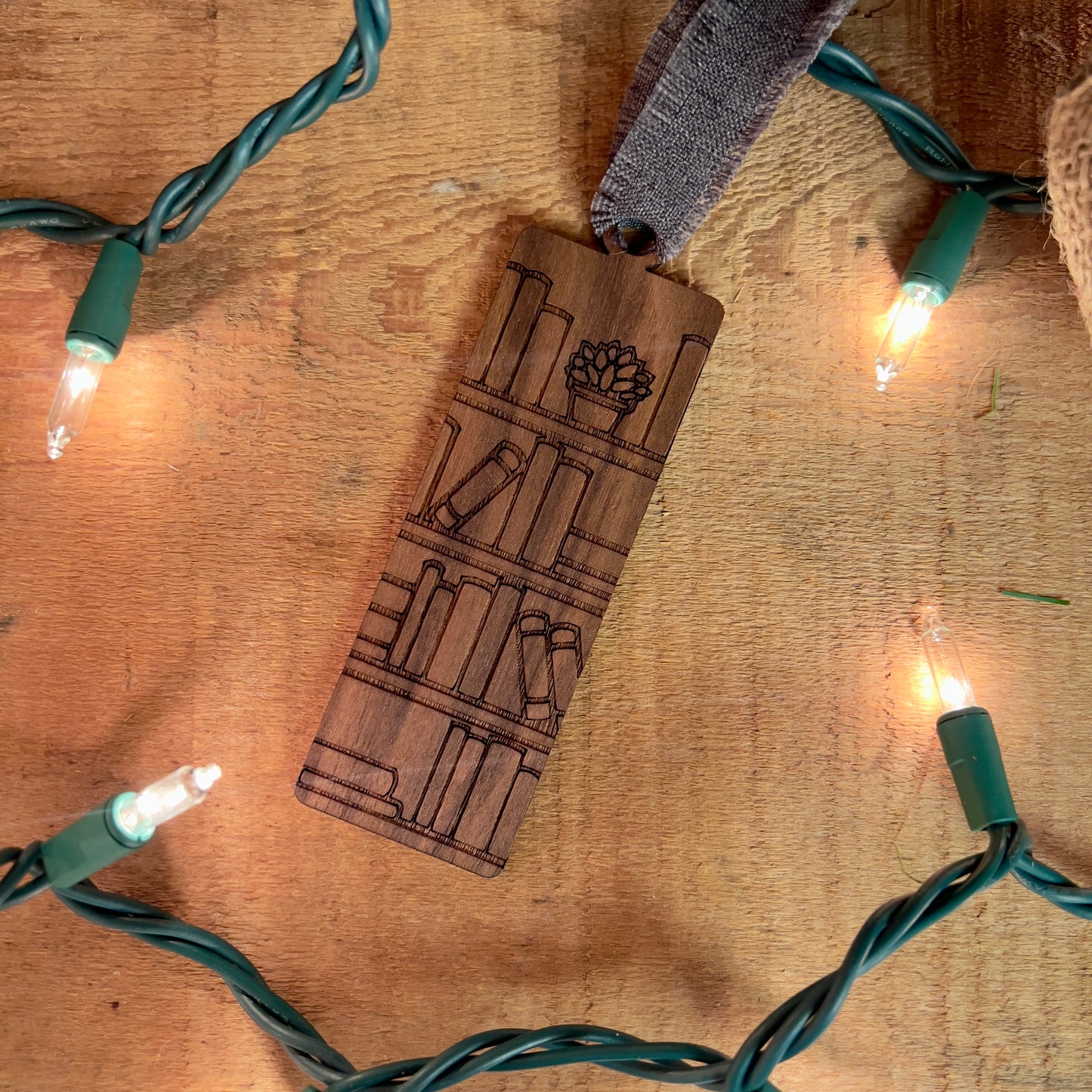 Walnut Engraved Bookshelf Christmas Ornament