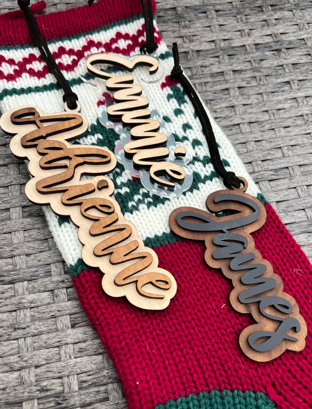 Modern Farmhouse Walnut Personalized Stocking Tag Christmas Ornaments