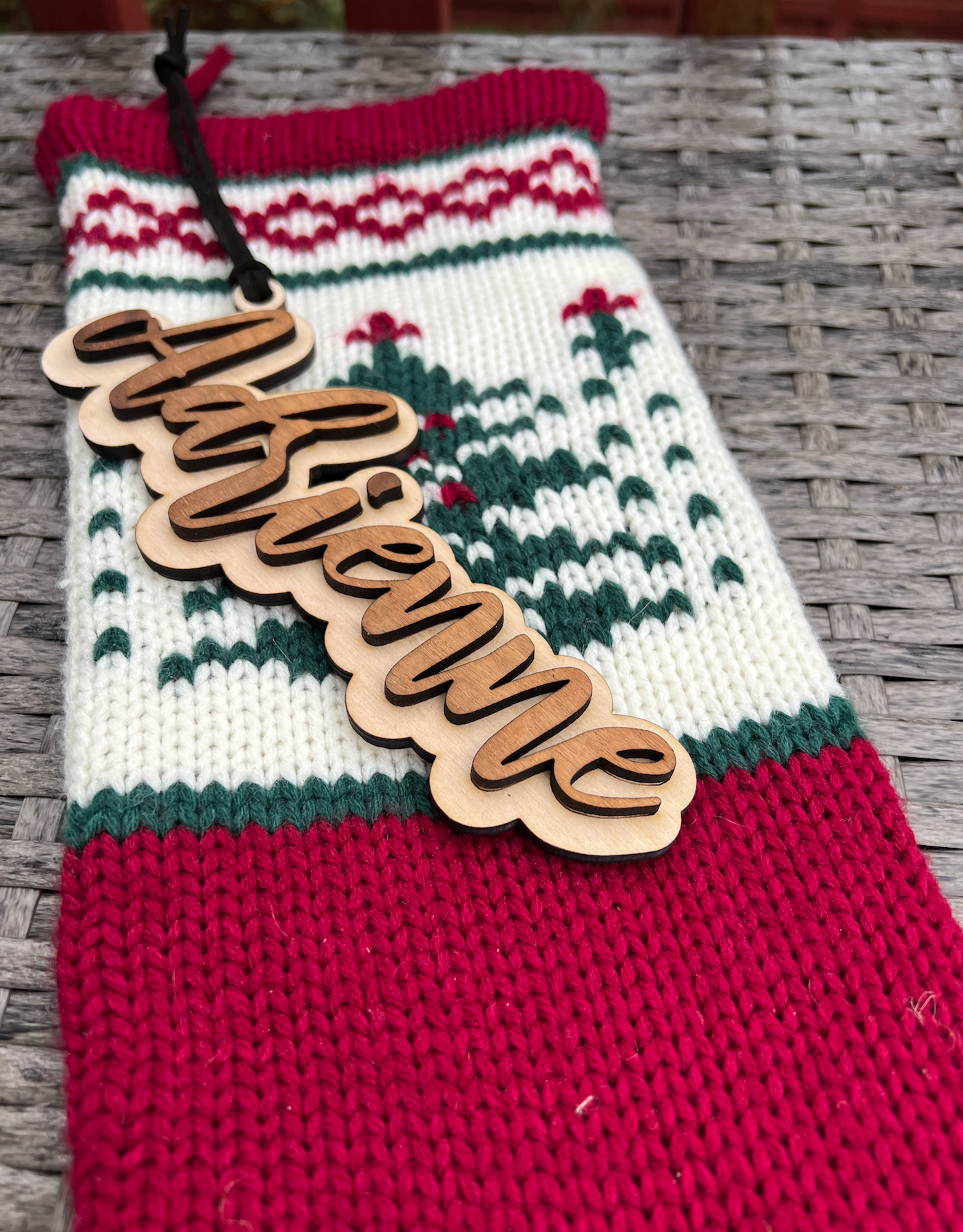 Modern Farmhouse Walnut Personalized Stocking Tag Christmas Ornaments