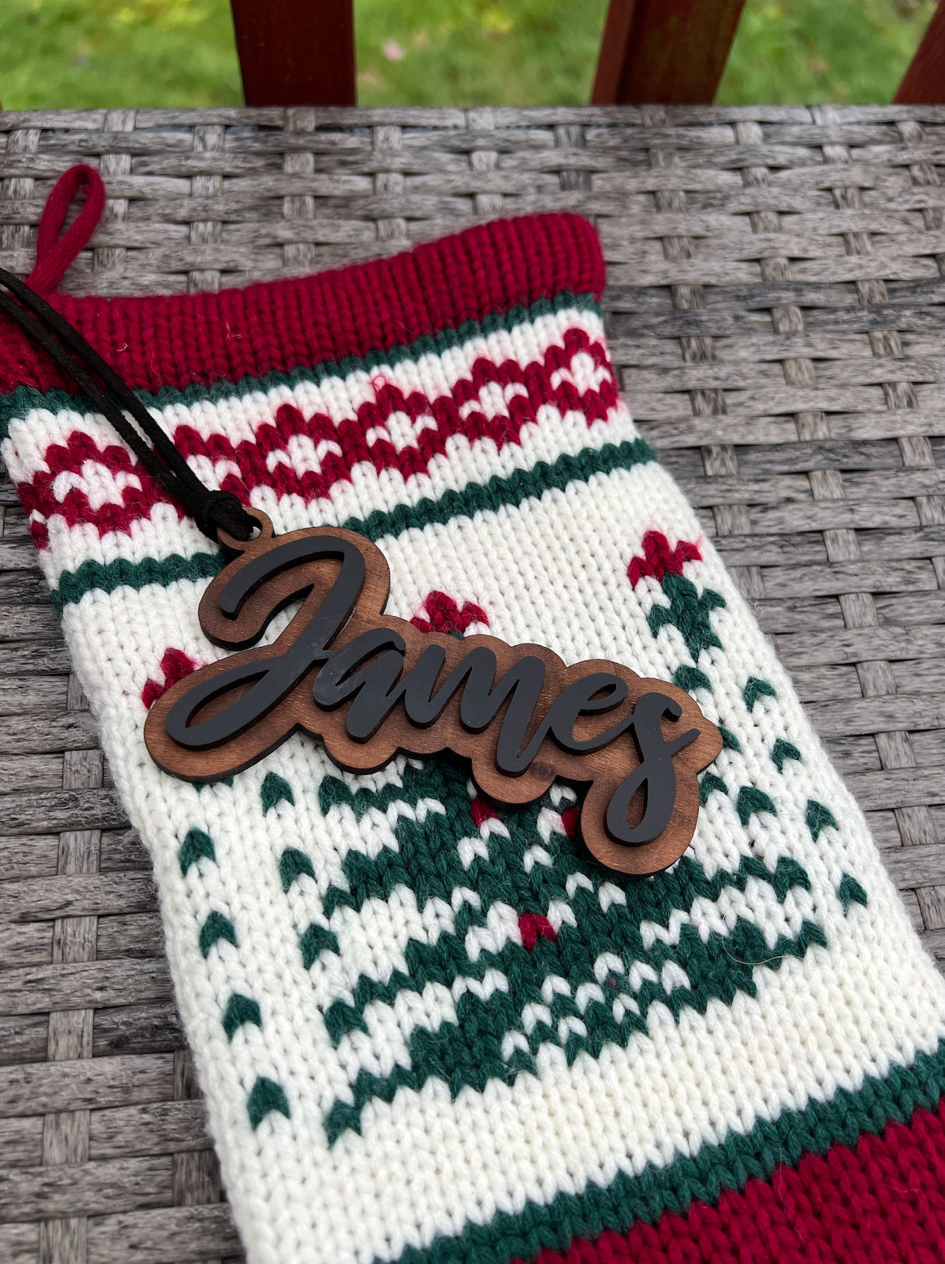 Modern Farmhouse Walnut Personalized Stocking Tag Christmas Ornaments